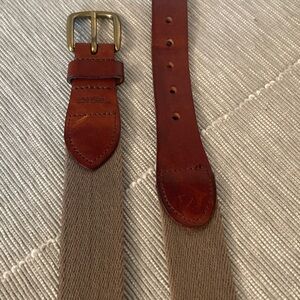 VTG Nautica Brown Leather & Tan  Canvas Belt Solid Brass Buckle 36” Center Hole